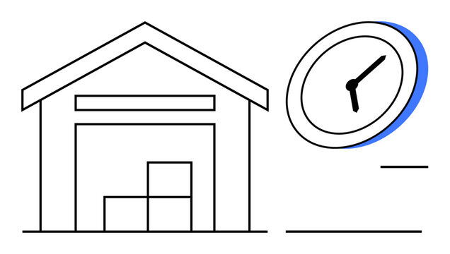 Warehouse structure containing stacked boxes and large clock portraying time management. Ideal for logistics, supply chain, productivity, punctuality, delivery, storage, business planning. Simple