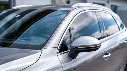 Fototapeta premium A silver car with a clear windshield and a black rearview mirror. The car is parked in a garage
