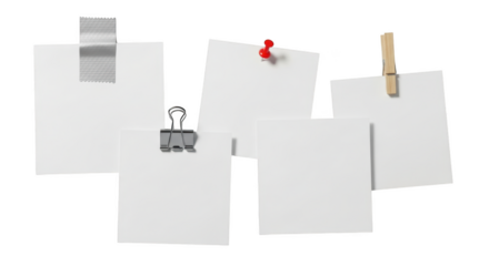 Five blank white paper notes attached with tape binder clip red pin and wooden clothespin isolated on a transparent background
