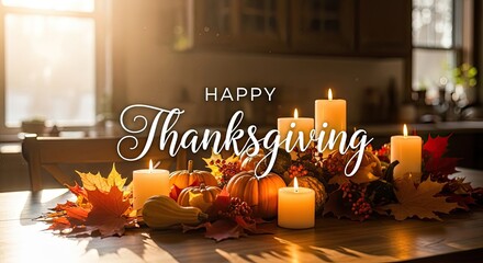 A heartwarming Thanksgiving centerpiece, with glowing candles casting a warm light and autumnal leaves forming a vibrant display, evoking feelings of gratitude and togetherness.