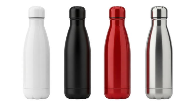 Four reusable water bottles in white black red and silver isolated on a transparent background reusable bottle