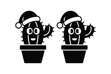 Two cartoon cactuses wearing Santa hats are smiling and have happy expressions.