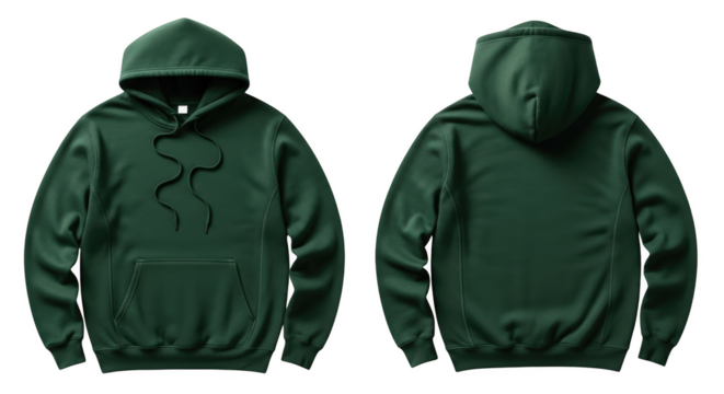 Front and back view of a dark green hooded sweatshirt with drawstrings and a front pocket isolated on a transparent background