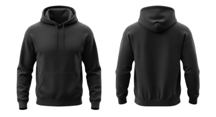 Front and back view of a plain black hooded sweatshirt with a front pocket and drawstrings isolated on a transparent background
