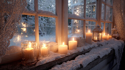 Christmas window sill with candles and snow outside 