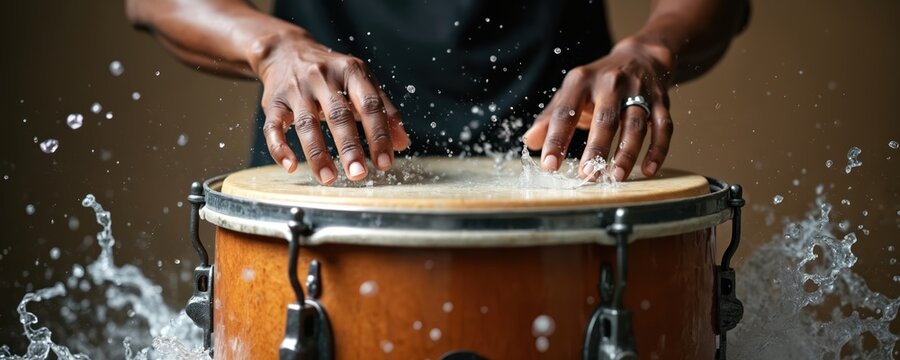 Black skinned hands strike a drum head, creating dynamic water splashes. Percussionist plays rhythm creating a powerful, energetic, abstract water effect with sound and motion.
