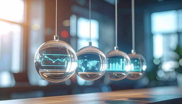 Glass spheres with digital graphs symbolize global finance connection and innovation. Modern technology concept showing data visualization and global communication network in motion