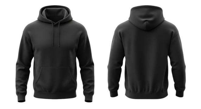 Front and back view of a plain black hooded sweatshirt with a front pocket and drawstrings isolated on a transparent background
