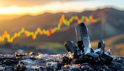 Black mineral crystals rise against sunset and stock chart background, symbolizing renewable energy materials, industrial value and connection between mining resources and financial progress