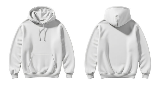 Front and back view of a plain white hooded sweatshirt with drawstrings and a front pocket isolated on a transparent background