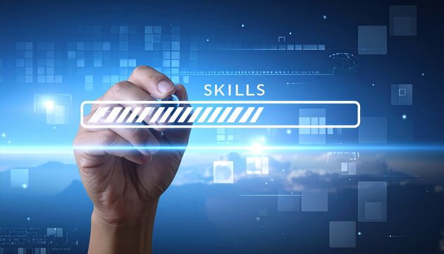 A hand draws a progress bar labeled skills in a digital blue environment symbolizing personal growth, learning, professional development, and technological advancement