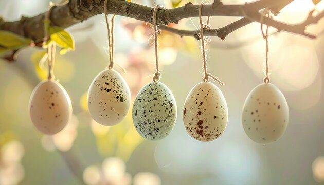 Five decorative eggs hang on a tree branch in spring sunlight capturing the warmth and gentle spirit of Easter and nature seasonal rebirth celebration