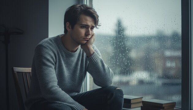 Man sitting by window on rainy day looking thoughtful capturing emotion of melancholy solitude and introspection in calm moody atmosphere indoors with natural light reflections - Powered by Adobe
