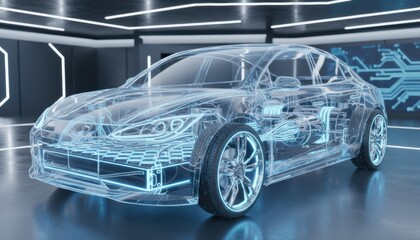 Futuristic transparent car model illuminated in neon light symbolizing innovation in automotive design electric mobility and advanced engineering visualization for concept development