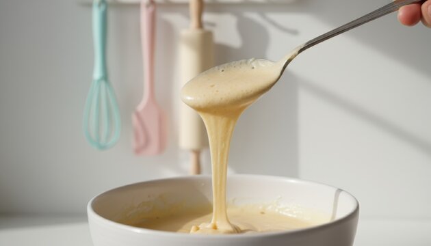 Close up of creamy batter being poured from a spoon into a bowl in a bright kitchen, symbolizing the art of home baking, creativity and the warmth of cooking