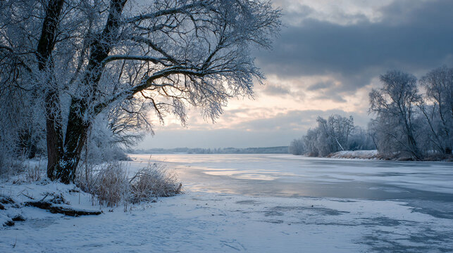 Christmas winter landscape with frozen lake and trees 