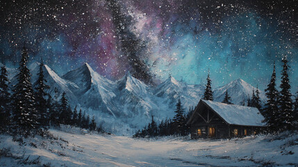 Christmas winter mountain cabin under stars 