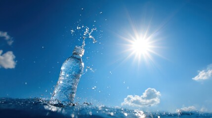 A bottle of water is floating in the ocean with a splash of water. The sun is shining brightly in the background, creating a warm and inviting atmosphere