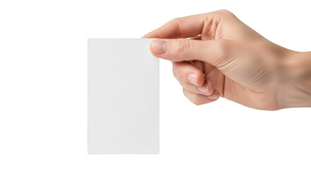 Obraz premium Hand holding a blank white rectangular card with fingers and thumb isolated on a transparent background