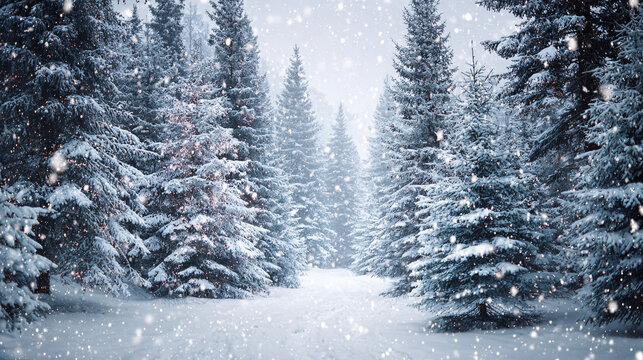 Christmas winter wonderland forest with snowfall 