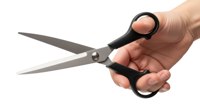 Hand holding open black handled scissors with silver blades isolated on a transparent background cutting