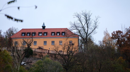 Historic manor house with red tile roof and yellow facade. Elegant architecture. Rural landscape. Ideal for travel brochures or historical documentaries. Perfect for archi