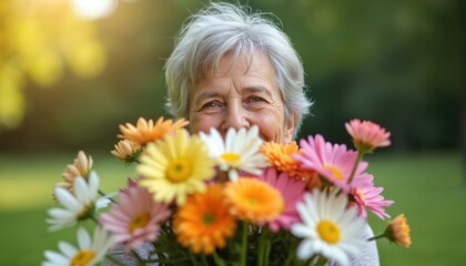 Naklejka premium Smiling senior woman holds bright flower bouquet outdoor. Elderly lady in garden with colorful daisies looks joyful. Grandma enjoys floral gift. Positive female celebrates mothers day in park.