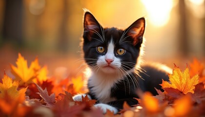 Small kitten sits among fallen maple foliage in park. Young black and white cat poses in autumn leaves at sunset light. Pet portrait in a colorful autumn background.