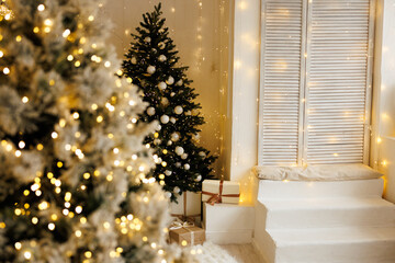 Cozy Christmas Bedroom Interior with Festive Lights and Decorated Tree