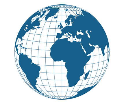A blue globe representing the Earth with continents and latitude and longitude lines.