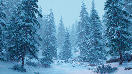 Peaceful Christmas forest with soft snow and pine trees