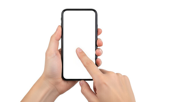 Person's hands holding a black smartphone with a blank white screen and touching the screen isolated on a transparent background
