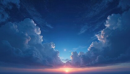 Beautiful sunset on horizon with sun glowing over calm ocean. Fluffy clouds float in deep blue evening sky. Starry nightscape appears after sundown with bright planet shining. Serene twilight nature