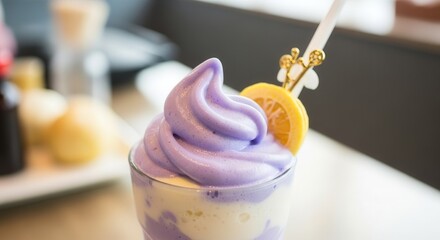 A Refreshing Purple Dessert Drink Garnished With a Lemon Slice and Decorative Straw