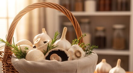 A Rustic Composition Of Healthy Food in a Woven Basket With Vibrant Light