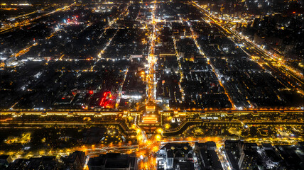 Xi'an Ancient City Walls at Night - Aerial View with Golden Illuminated Lights