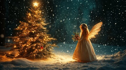 Fototapeta premium Beautiful angel with wings presenting a pinecone near a decorated Christmas tree in a snowy backdrop.