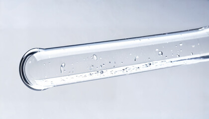 A close-up of a clear test tube filled with a colorless liquid. Tiny bubbles float within the solution, showcasing the precision of laboratory equipment and the essential nature of scientific experime