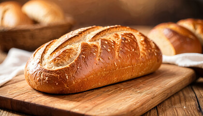 A freshly baked loaf of bread rests on a wooden cutting board, showcasing its golden crust and intricate scoring. The warm light highlights its delicious texture, inviting a taste.