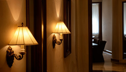 Soft, warm light emanates from elegant wall sconces, illuminating the stylish hallway. The inviting glow enhances the luxurious ambiance, inviting guests into the cozy living space beyond.