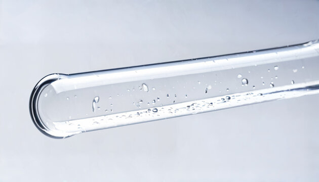 A close-up of a clear test tube filled with a colorless liquid. Tiny bubbles float within the solution, showcasing the precision of laboratory equipment and the essential nature of scientific experime