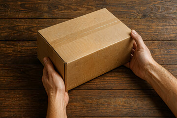 A person’s hands gently hold a brown cardboard box against a rich wooden background. The simplicity of the packaging evokes curiosity, hinting at the surprise inside waiting to be discovered.