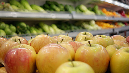 A close-up view of a stack of fresh, shiny apples in a grocery store, capturing their vibrant colors and smooth texture. In the background, rows of various fruits and vegetables create a rich, invitin
