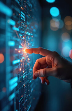Hand touches tech screen digital interface. Finger presses virtual button on display. Futuristic graphic of network data transmission. Tech concept about innovation digital transformation.