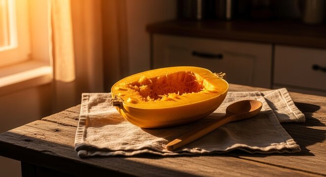 A Vibrant Sectioned Spaghetti Squash on a Rustic Wooden Table Enhanced by Natural Sunshine