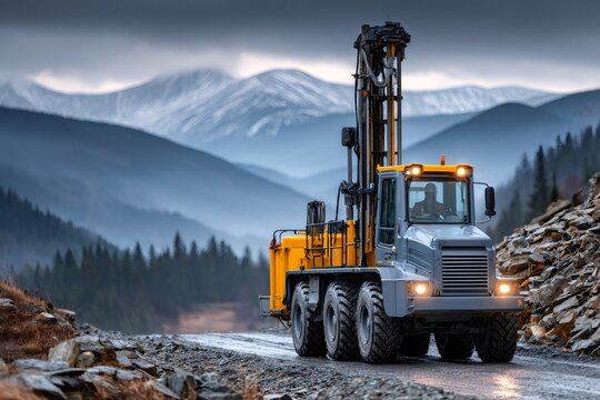 Drilling rig truck driving on rugged mountain road