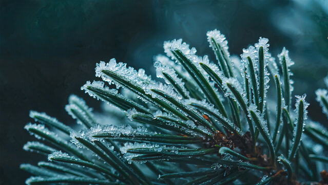 Frosted pine needles glisten elegantly in the cold light, showcasing delicate ice crystals that cling to their tips. This beautiful close-up captures the enchanting beauty of winter's touch on nature.