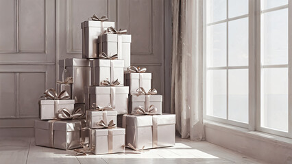 This elegant photo showcases a beautifully arranged pyramid of wrapped gifts in soft, neutral tones, accented with delicate ribbons. Sunlight filters through the window, enhancing the cozy atmosphere.