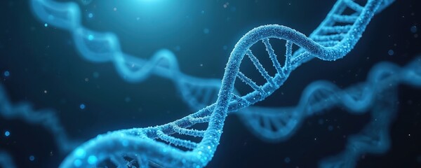 Blue DNA double helix structure glows in dark space. Microscopic view of genetic code molecule. Science research, medical discovery, biology education.