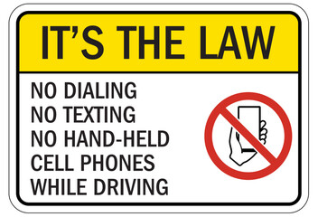 No phone use while driving sign no dialing, no texting, no hand held cell phone while driving